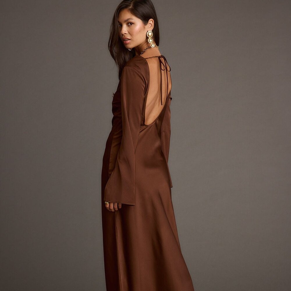 12th Tribe Strokes Mocha Long Sleeve Plunge Satin Maxi Dress Size LL